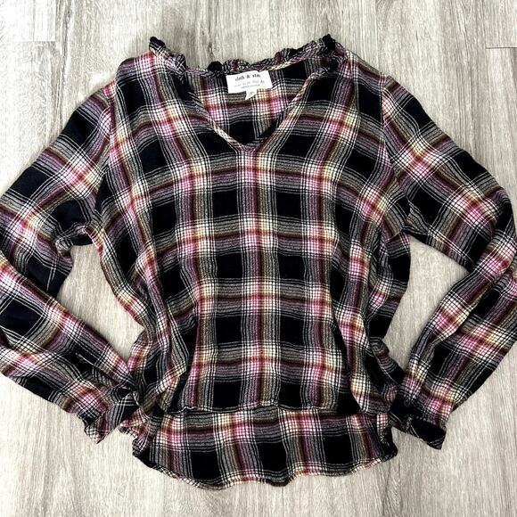 Cloth & Stone by Anthropologie Flannel High Low Plaid Blouse Top Size XL - Picture 2 of 5